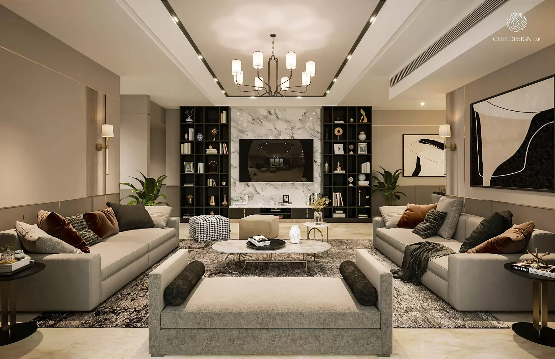 Luxurious modern interior design featuring warm earth tones and elegant furniture